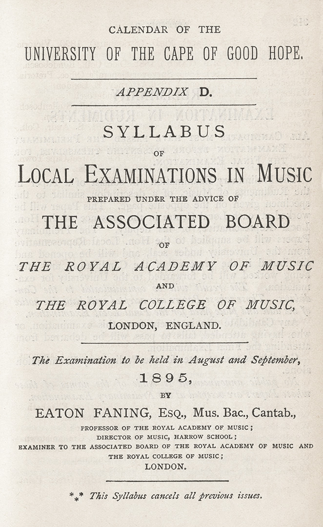 <p>The University conducts its first practical music examinations under the supervision of a visiting examiner from the Associated Board of the Royal Schools of Music in London.</p>